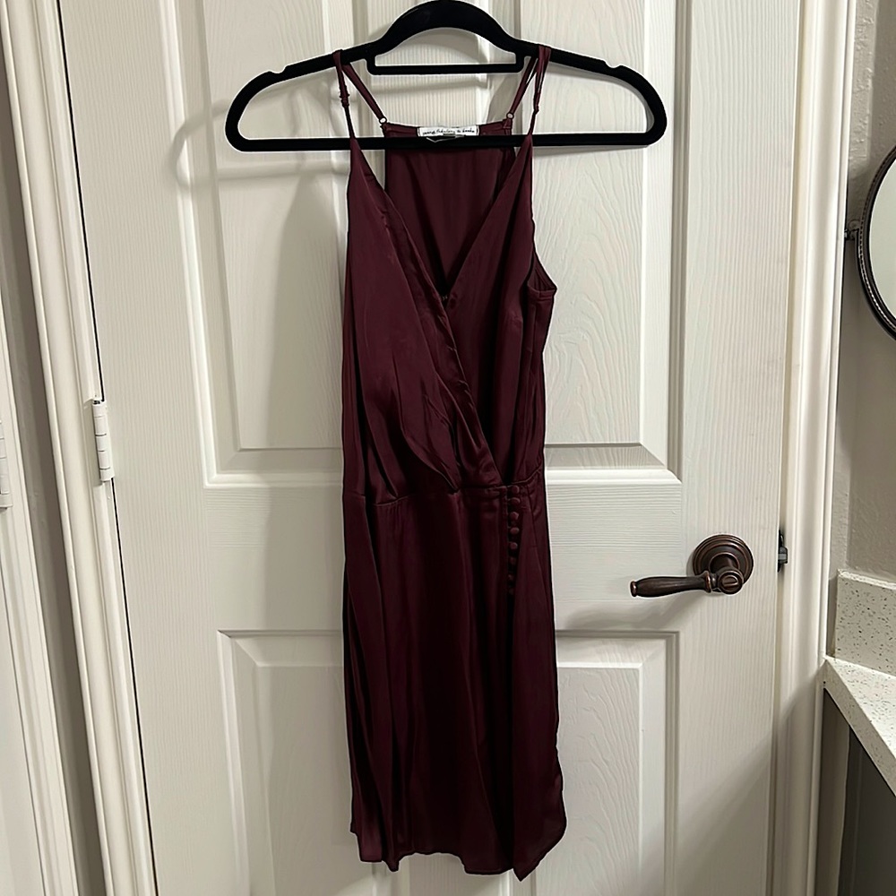 Burgundy satin cross front dress with side buttons